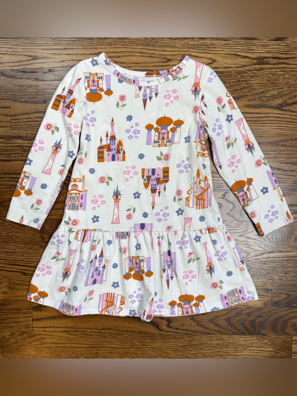 Disney Princess Girls Cream Castles w/ Repunzel’s Castle Print Dress 3T